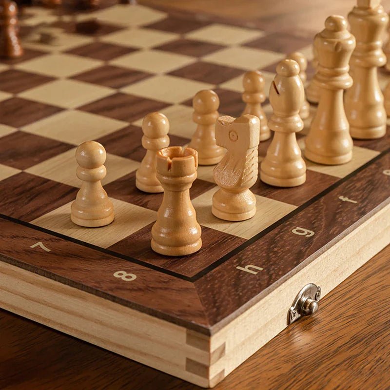 Magnetic wooden chess set with a classic design. Durable wood board and magnetic pieces for stable gameplay at home or travel.