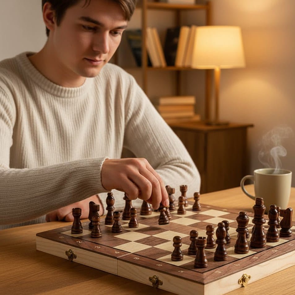 Elegant portable magnetic wooden chess set; a foldable board game with secure pieces, great for travel and home fun.