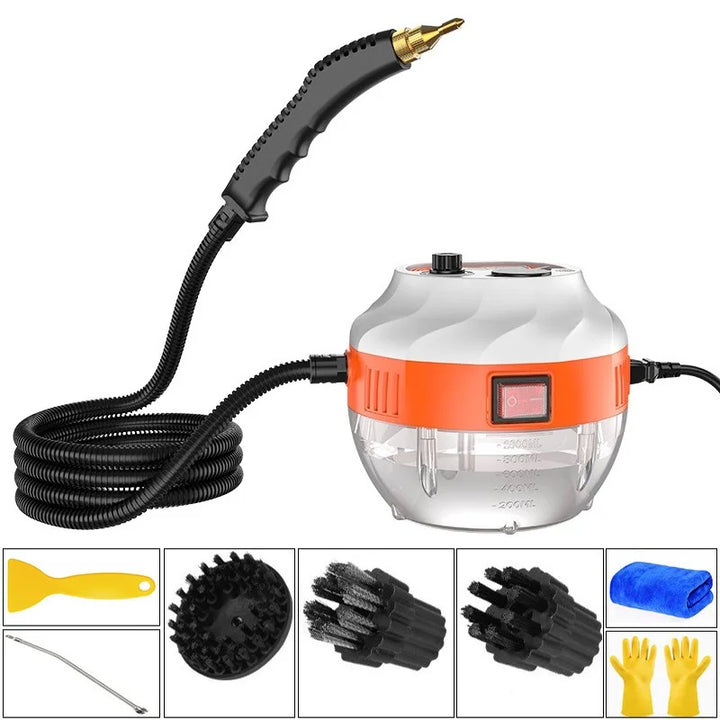 Versatile 2800W high-pressure steam cleaner, tackling dirt on floors, upholstery, tiles, and car exteriors.