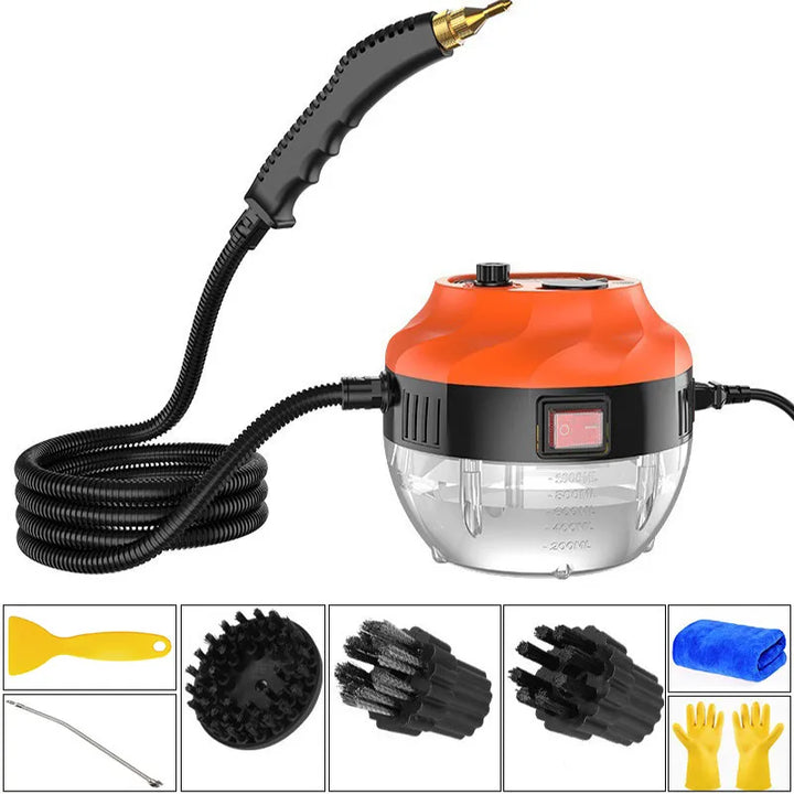 Powerful 2800W home & auto high-pressure steam cleaner; shown in use for deep cleaning.