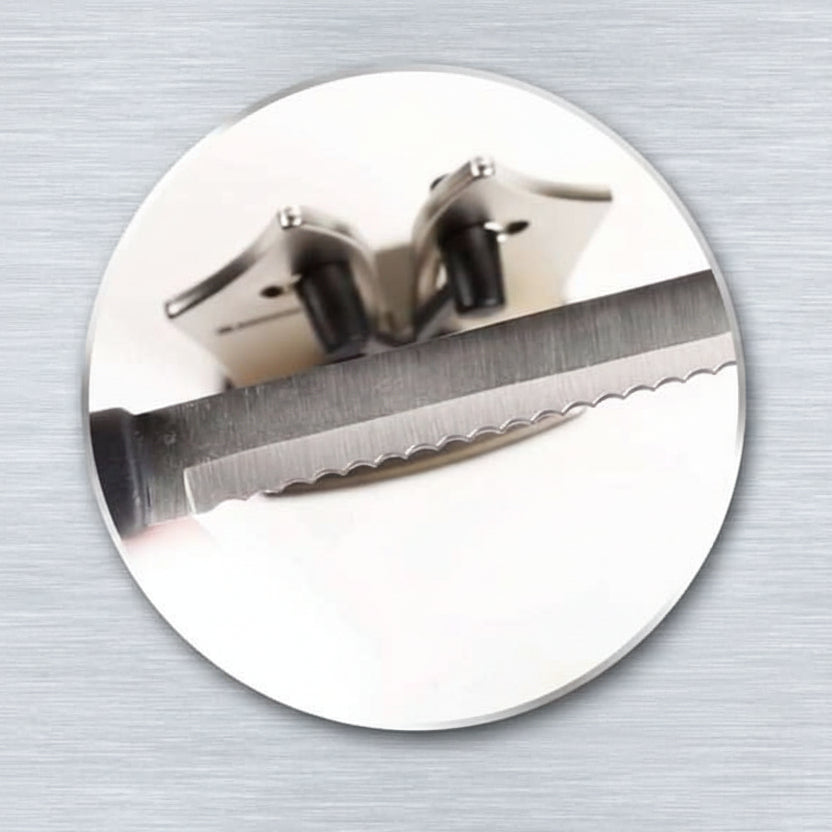 Precision sharpening tool for kitchen blades. Tungsten carbide ensures lasting sharpness & safe cooking.