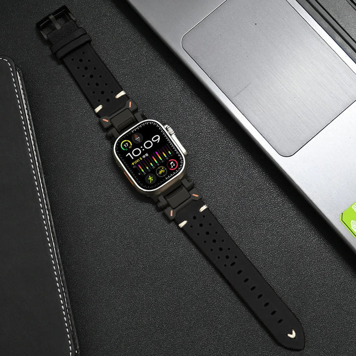 Unisex black premium leather smartwatch strap, a modern & durable watchband accessory.