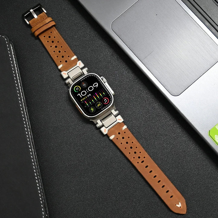 Stylish dark brown leather smartwatch band, a high-quality unisex replacement wristband.