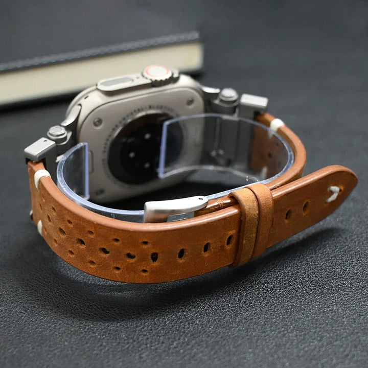 Sleek black leather smartwatch strap, a premium, durable & modern unisex watch accessory.