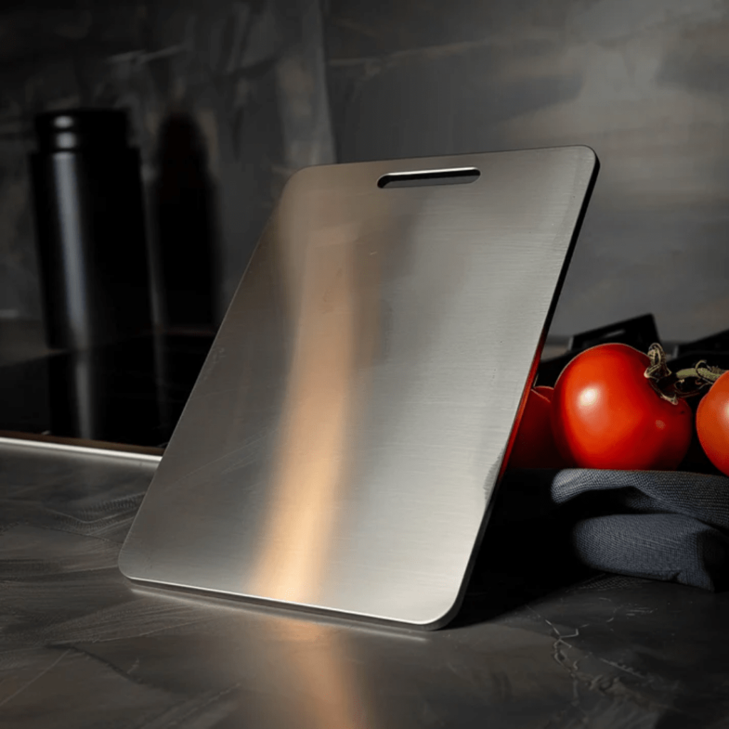 Premium stainless steel cutting board for hygienic food prep, rust-proof & odor-neutral. Essential modern kitchen accessory.