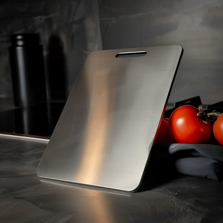 Premium stainless steel cutting board for hygienic food prep, rust-proof & odor-neutral. Essential modern kitchen accessory.
