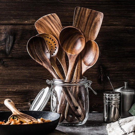 Premium teak wood kitchen utensils set for healthy, eco-friendly cooking. Durable & sustainable kitchen tools.