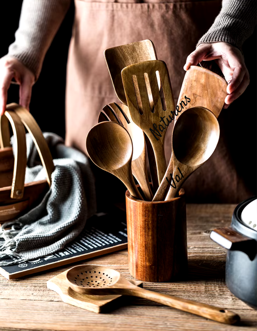 Natural teak wood salt & pepper mill set. Durable, elegant, and a stylish addition to your healthy kitchen.