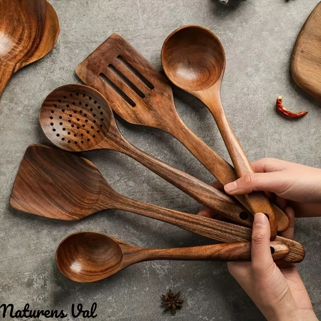 Ergonomic teak wood spatula, natural & sustainable for non-stick cookware. A durable kitchen tool.