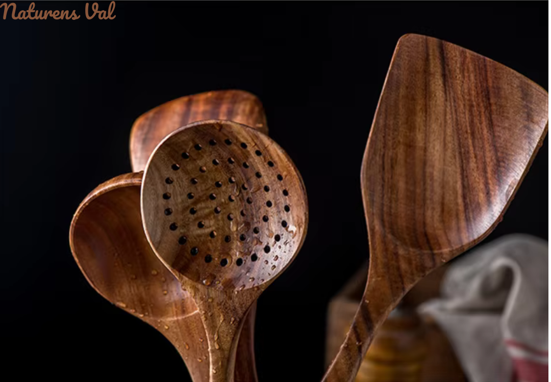 Durable teak wood slotted spoon, ideal for draining & serving. A natural & healthy cooking utensil.