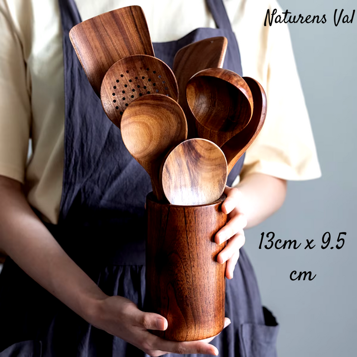 Close-up of rich teak wood grain, showcasing natural beauty & craftsmanship of sustainable utensils.