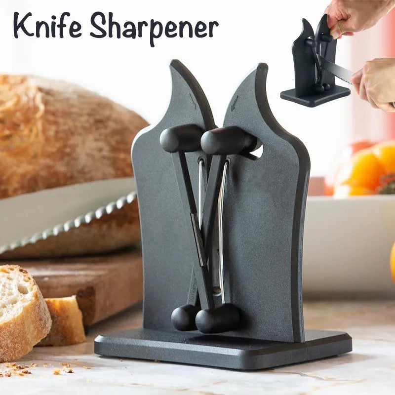 Professional triple-stage knife sharpener, quickly sharpens & hones all kitchen blades.