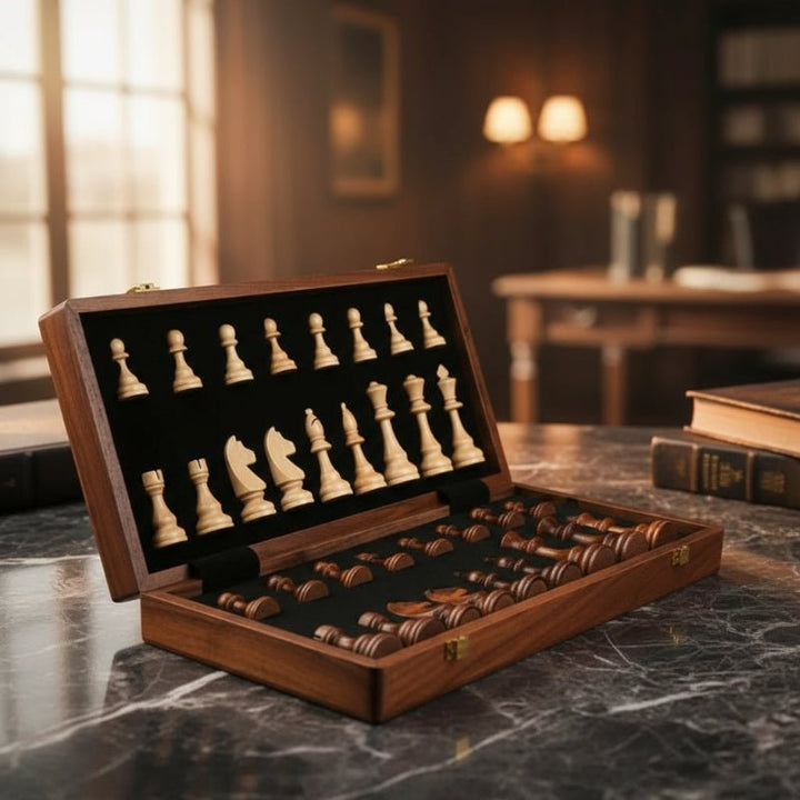 Premium wooden chess set with elegant folding board & solid wood pieces. Ideal for strategy & family game nights.