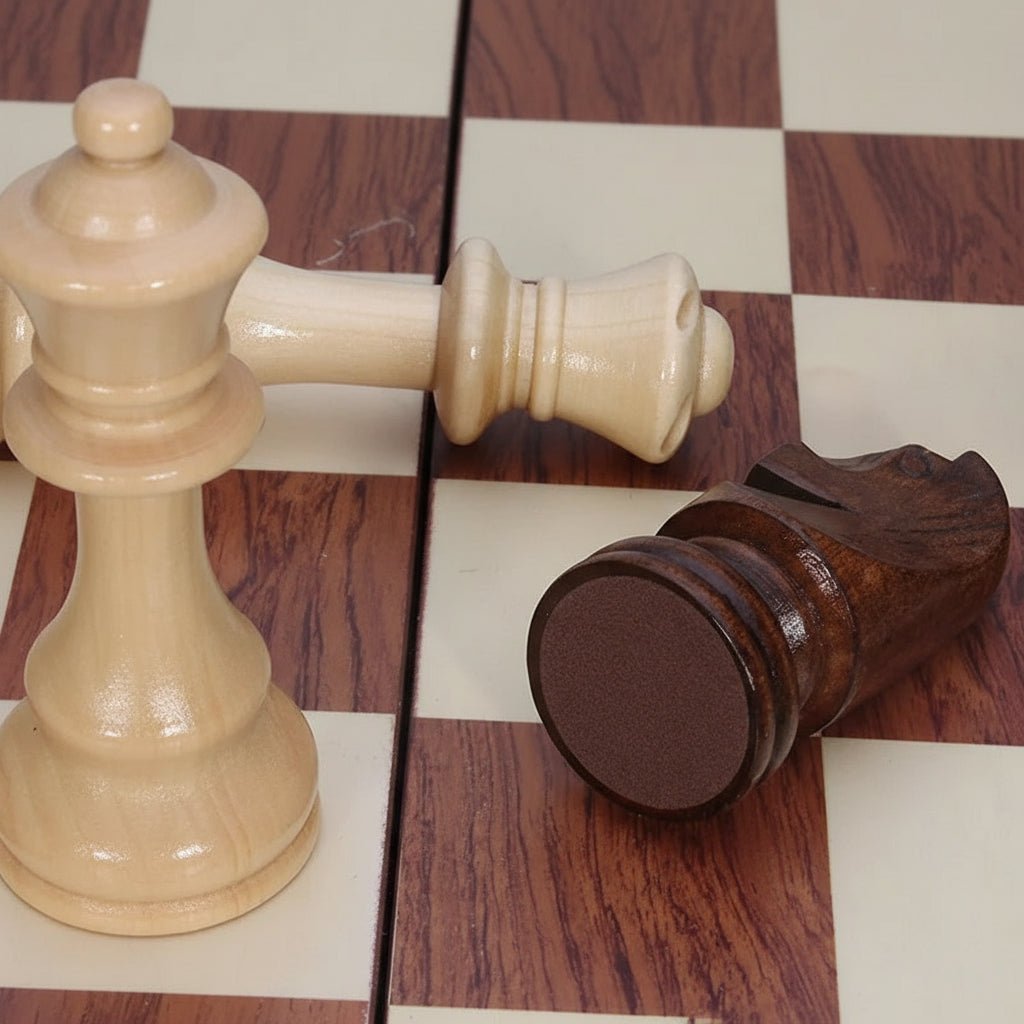 Close-up of solid wood chess pieces, intricately carved, showcasing premium craftsmanship for strategy game lovers.