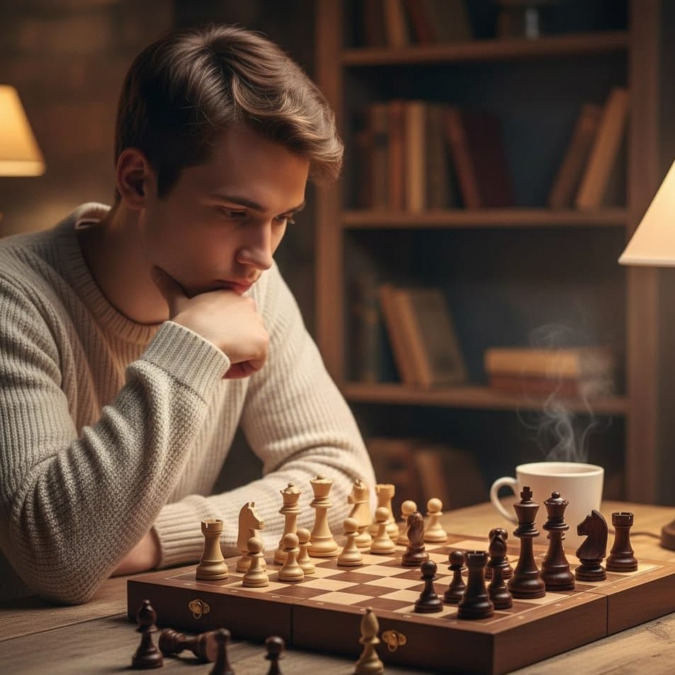 Elegant folding wooden chess board unfolded, with solid wood pieces mid-game. Perfect for classic board game enthusiasts.