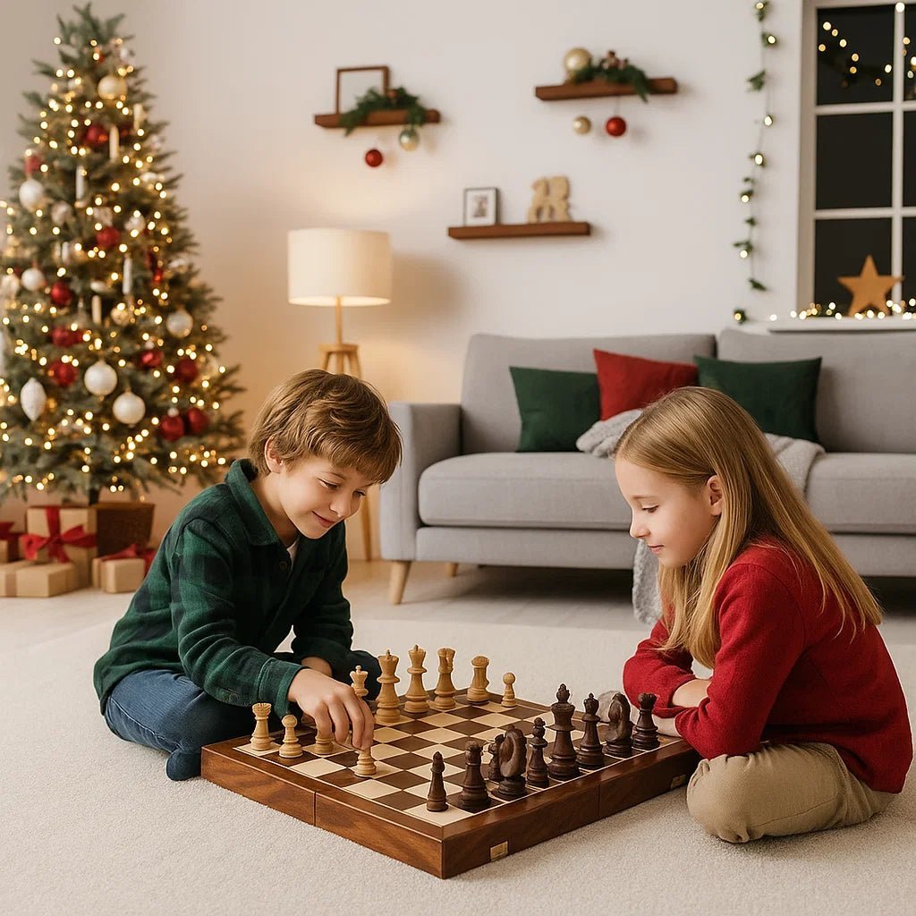 Premium wooden chess set with foldable walnut board & hand-carved pieces, perfect for strategy game enthusiasts.