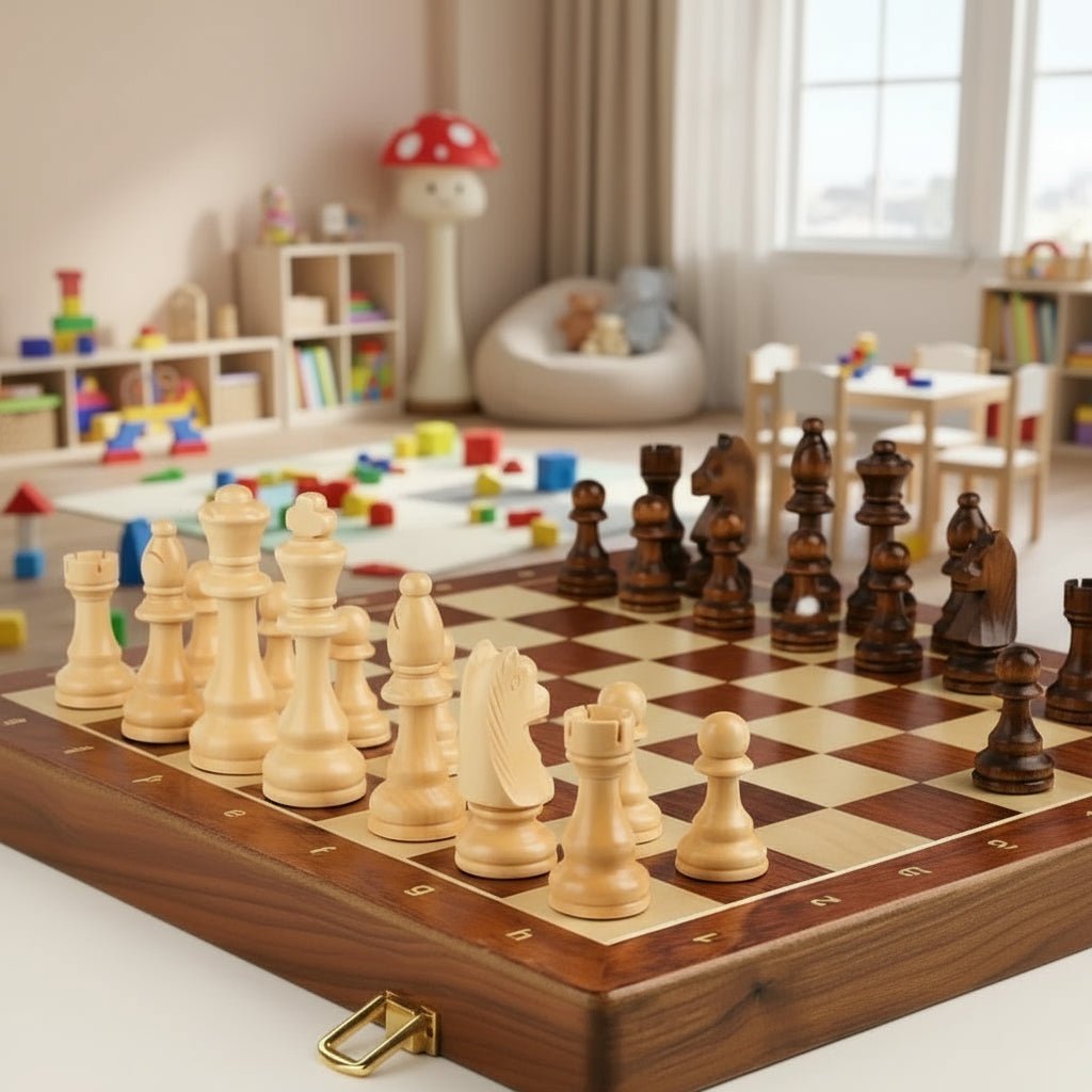 High-quality wooden chess set with a foldable walnut board, perfect for classic board game enjoyment.