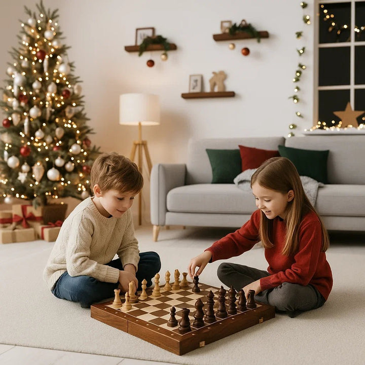 Foldable walnut wood chess set for travel, featuring classic wooden chess pieces and a compact design.