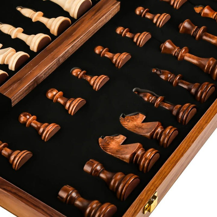 Handcrafted wooden chess set with a smooth walnut foldable board and intricately designed chess pieces.