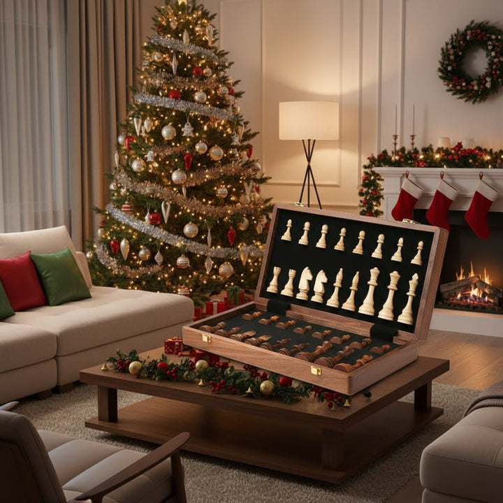 Classic wooden chess board game with premium walnut wood, ideal for family fun and strategic thinking.