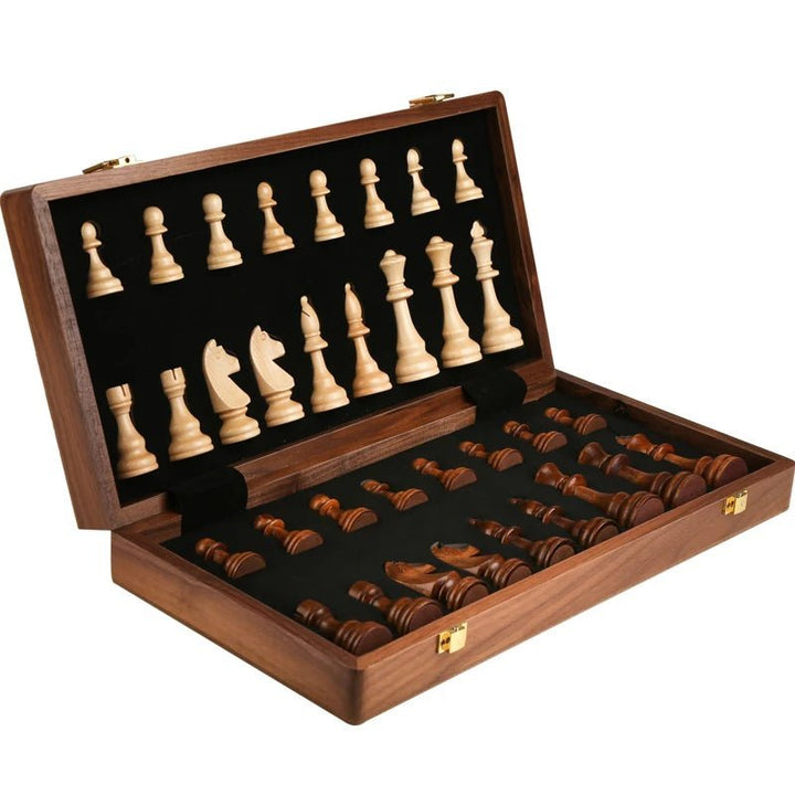 Luxurious wooden chess set, featuring a rich walnut foldable board and elegant wooden chess pieces.