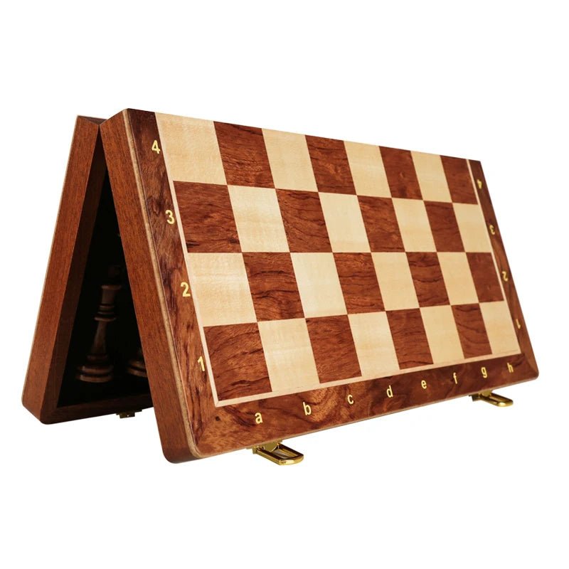 Travel-friendly wooden chess set, complete with a durable foldable walnut board and carved pieces.