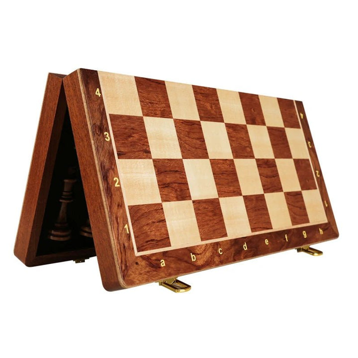 Travel-friendly wooden chess set, complete with a durable foldable walnut board and carved pieces.