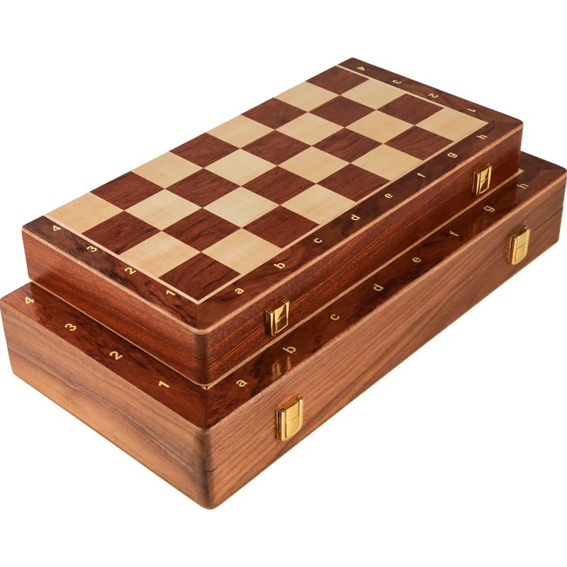 Complete wooden chess set: Premium quality, foldable walnut board, and detailed wooden chessmen included.