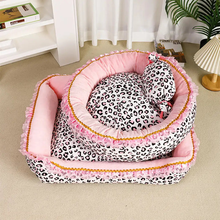 Soft princess dog bed featuring elegant leopard print design, washable for easy care.