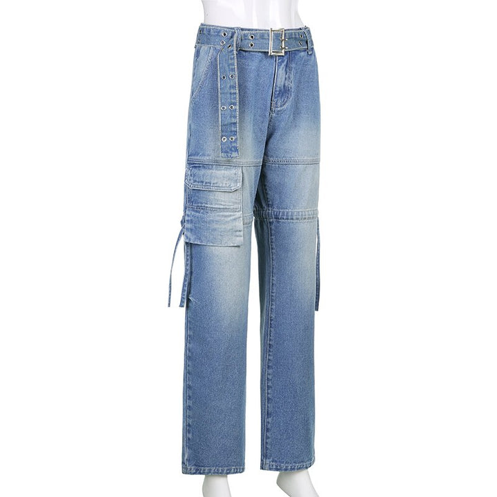 Aesthetic women's jeans showcasing unique sashes and a high-waist fit, perfect for casual fashion.