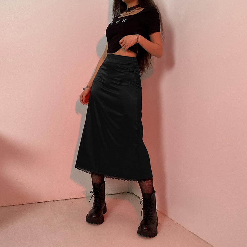 Fashionable women's aesthetic maxi skirt, a long & flowing design for casual or elegant summer outfits.