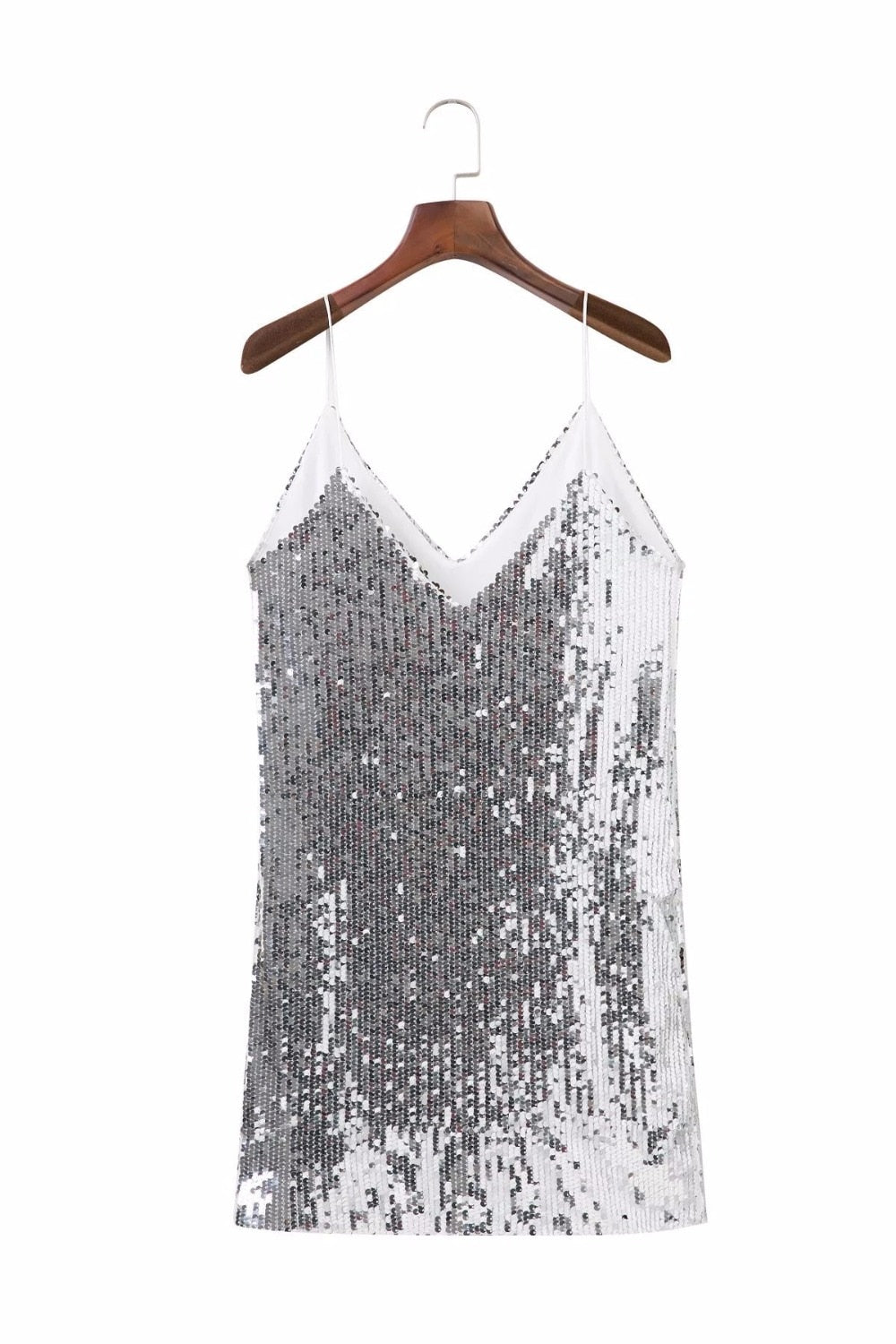Glamorous women's sequined party mini dress. Sparkle in this silver cocktail attire, ideal for evening events.