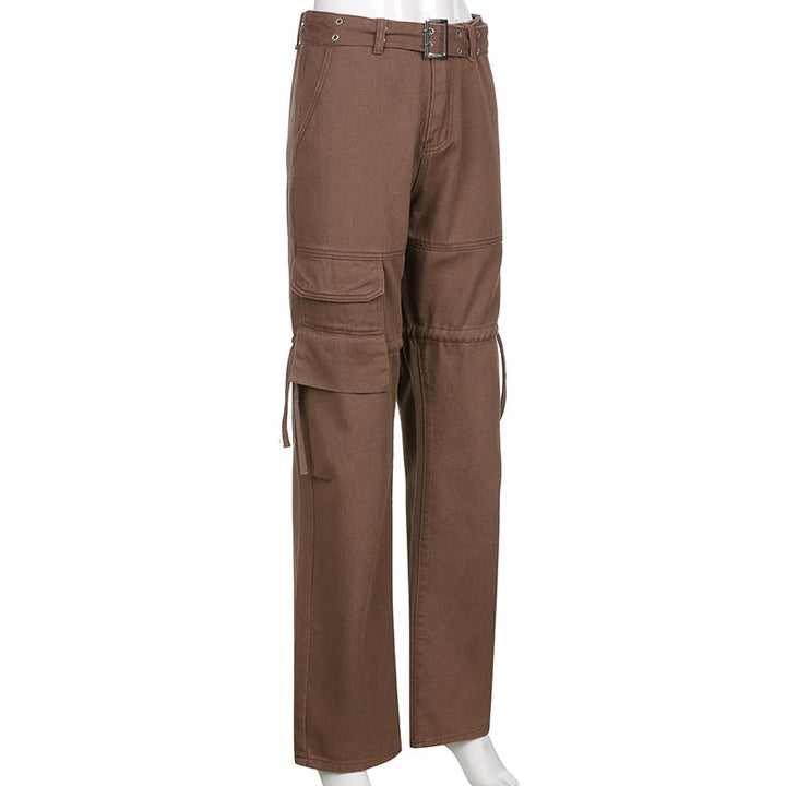 Close-up of grunge-style women's jeans featuring distinct sashes and a high-waist design.