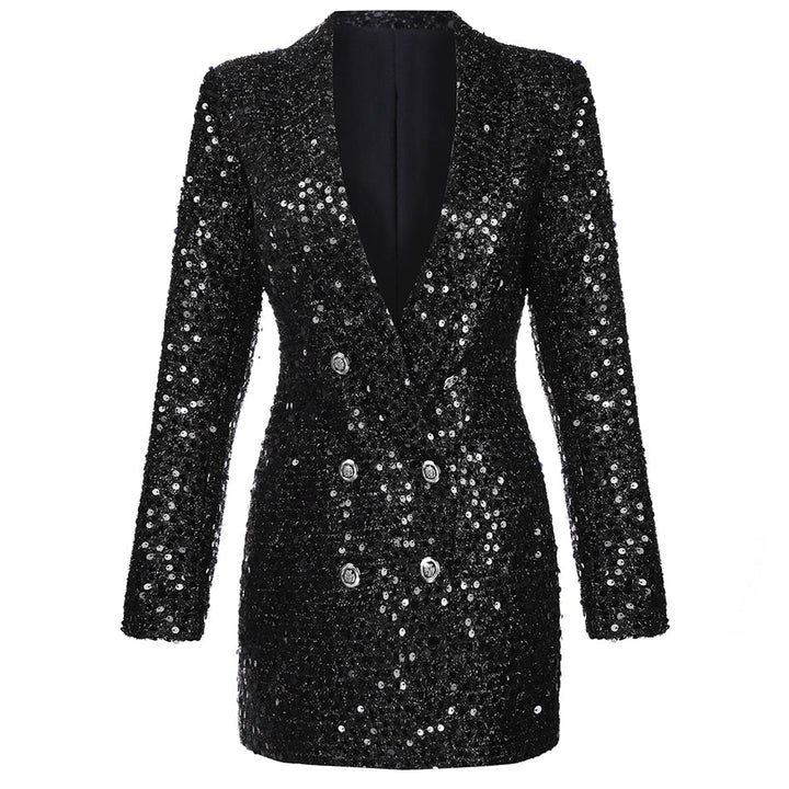 Women's dazzling black glitter blazer, perfect for evening wear & parties. Long sleeve shimmer jacket for a stylish statement.