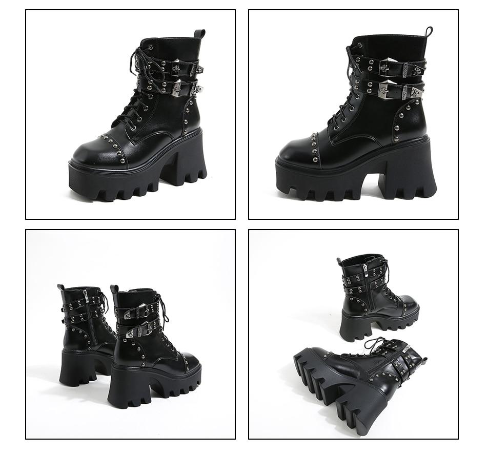 Alternative fashion women's platform ankle boots. Black gothic style with a comfortable chunky heel. Edgy footwear.