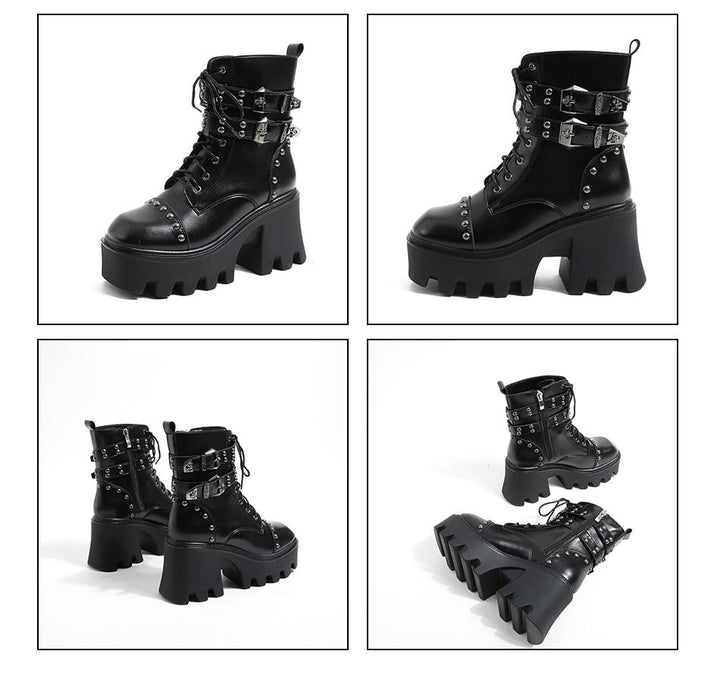 Alternative fashion women's platform ankle boots. Black gothic style with a comfortable chunky heel. Edgy footwear.