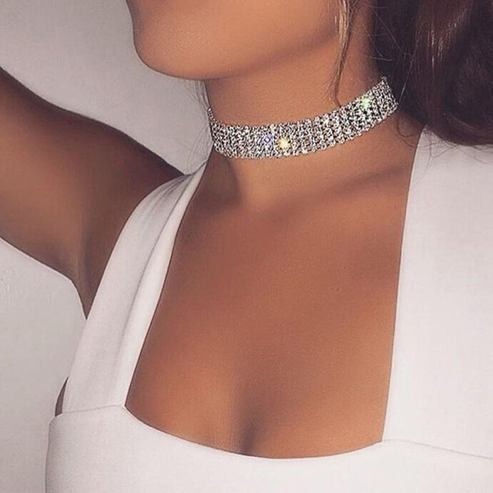 Clear crystal rhinestone choker necklace for women. Sparkling statement fashion jewelry.