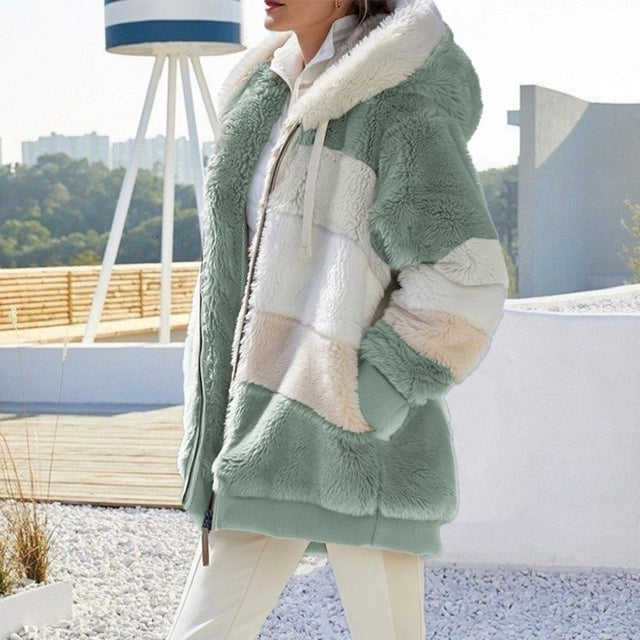 Ladies' cozy plush jacket, essential winter outerwear for warmth. Fashionable and comfortable women's winter coat.