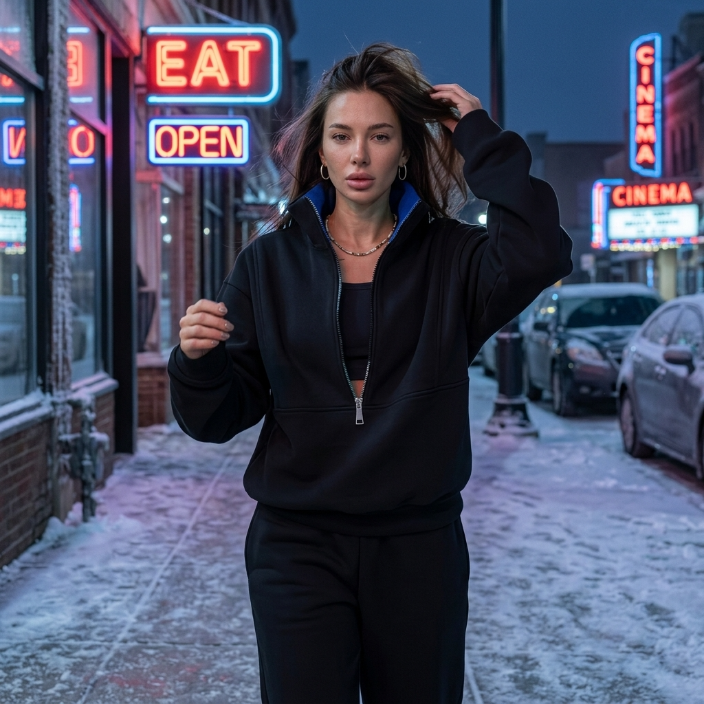 Women's 2-piece sweatsuit with half-zip pullover and high-waisted joggers, ideal for athleisure & loungewear.