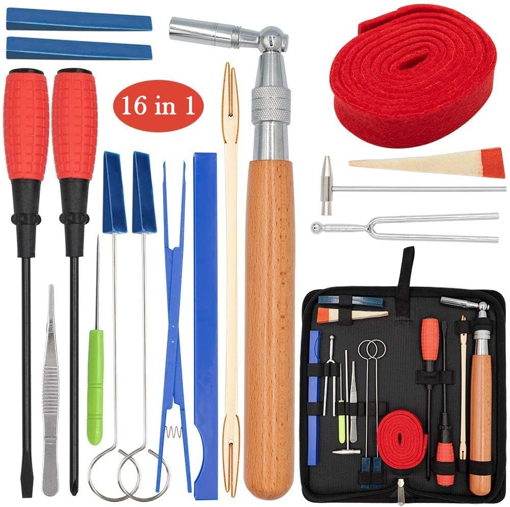 Arvena professional 16-piece piano tuning kit open, displaying all tools for comprehensive instrument maintenance.