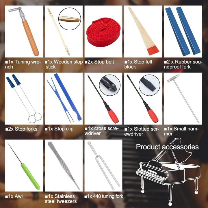Ergonomic piano tuning hammer, rubber mutes, and accessories for precise sound adjustment and professional tuning.