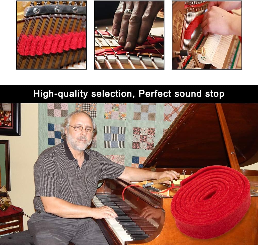 Detailed view of chrome-plated tuning wrench, temper strip, and rubber mutes from a professional piano tool kit.