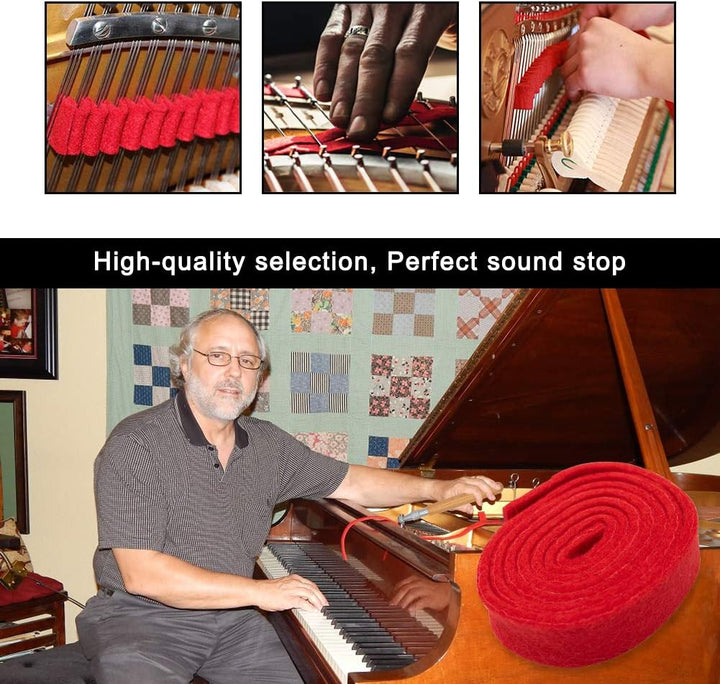 Detailed view of chrome-plated tuning wrench, temper strip, and rubber mutes from a professional piano tool kit.