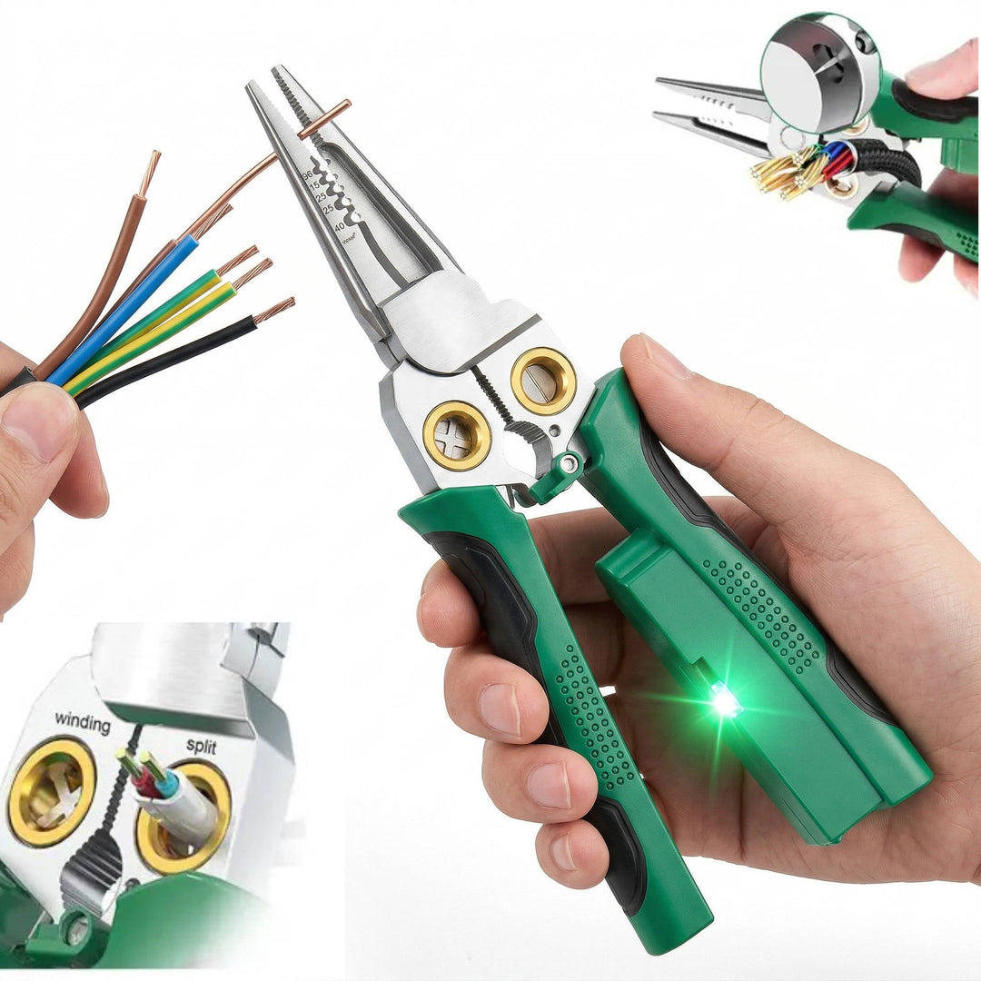 Professional 8-in-1 wire stripper, cutter, crimper, & tester. Essential electrician multi-tool.