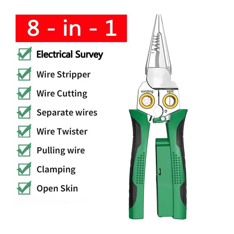 Professional 8-in-1 wire stripper & crimper for precise electrical work. Integrated voltage tester.