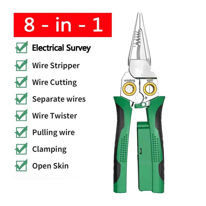 Professional 8-in-1 wire stripper & crimper for precise electrical work. Integrated voltage tester.