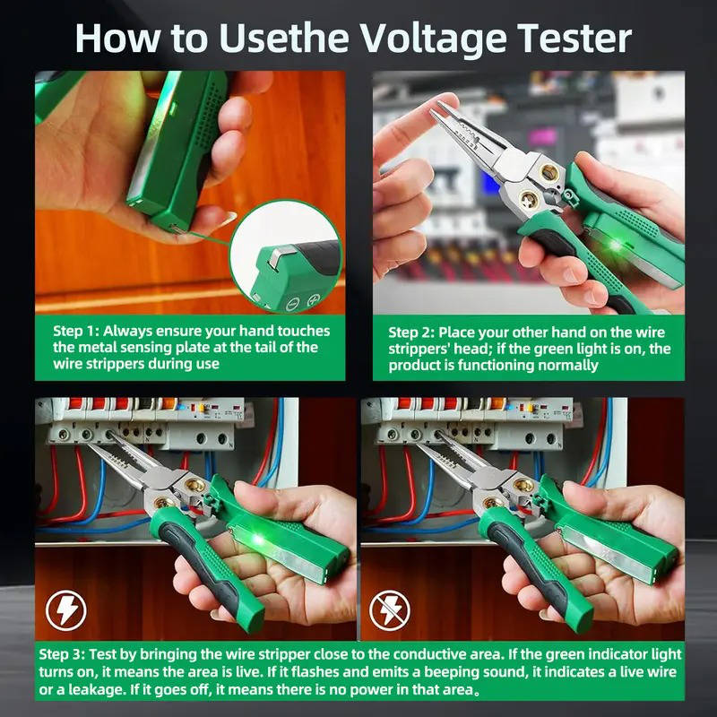 8-in-1 wire stripper, cutter, crimper, voltage tester & wire twisting tool. Professional electrician's essential.