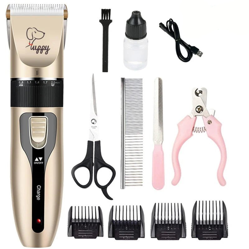 Complete pet clipper kit featuring a quiet, cordless, and rechargeable electric trimmer for pets