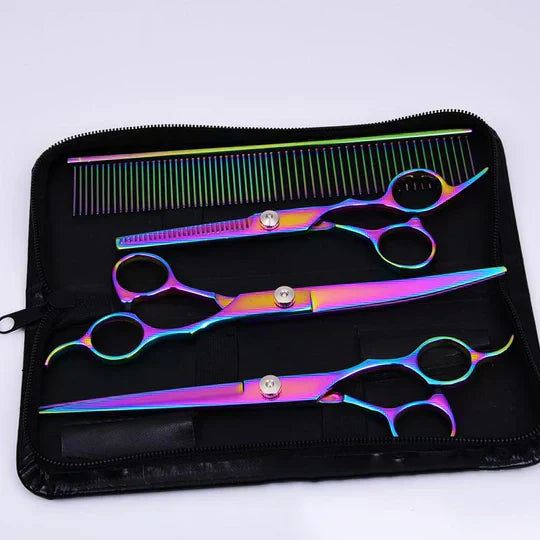 Professional dog grooming scissors set for pet hair trimming, stainless steel blades.
