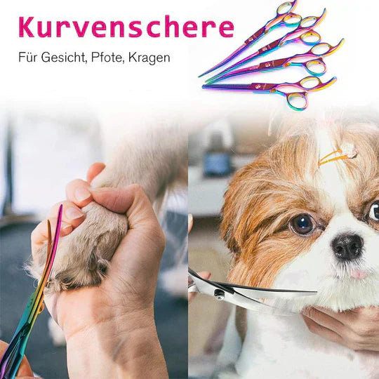 Ergonomic pet grooming scissors for comfortable and precise dog fur cutting.